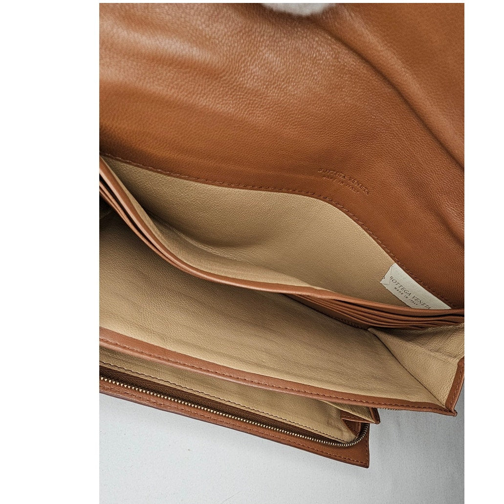 Bottega Veneta Intrecciato woven tan leather continental flap wallet