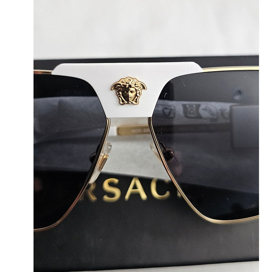 Versace men's VE2251 navigator/pilot sunglasses in a gold-tone steel frame with a white brow bar and dark grey lenses