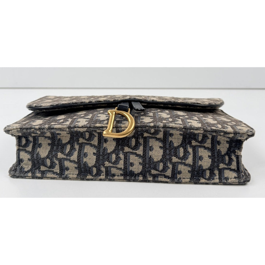 Christian Dior Medium Saddle Pouch with Chain in Blue Dior Oblique Jacquard