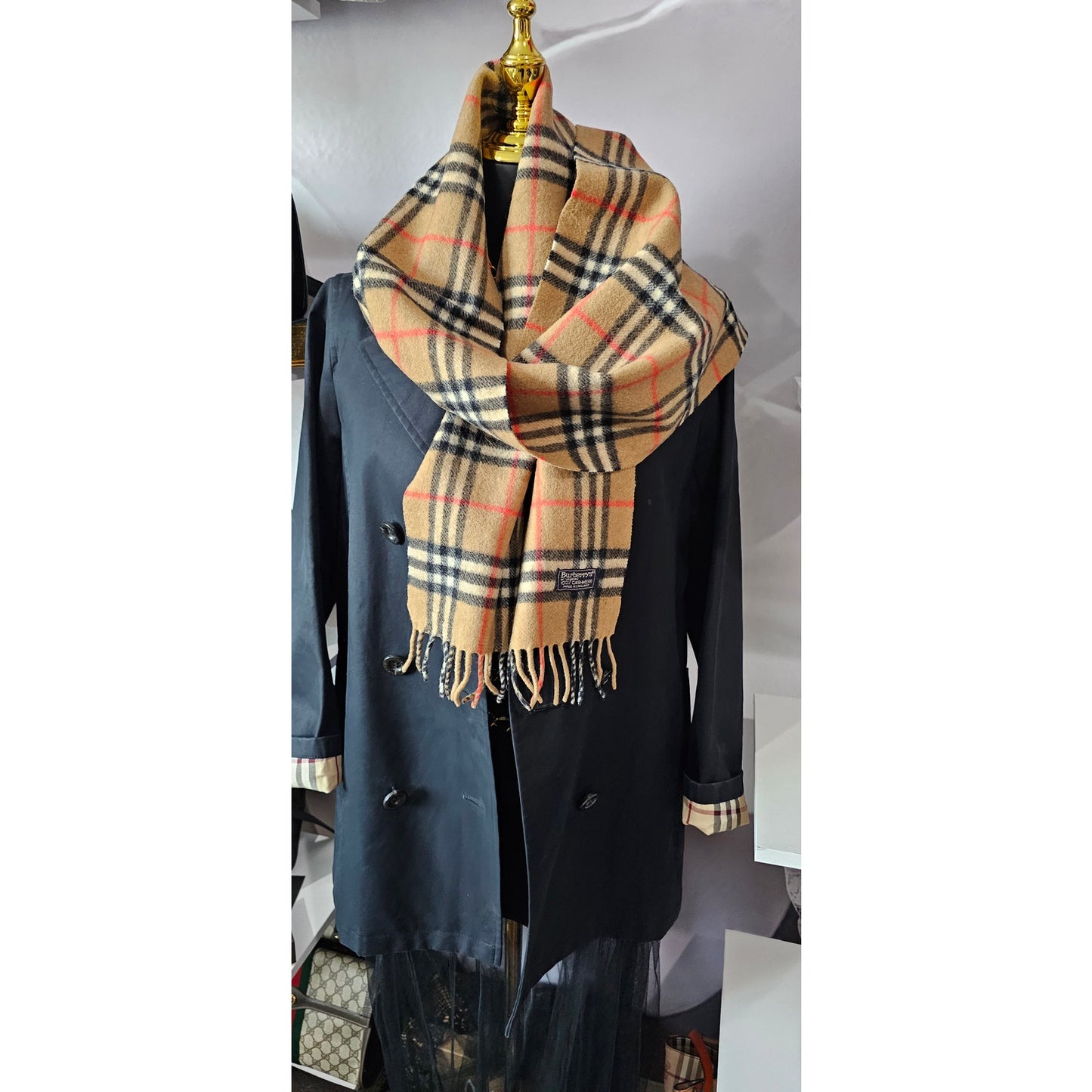 BURBERRYs of London 100% Cashmere Scarf Shawl Nova Check Beige Vintage Made in England