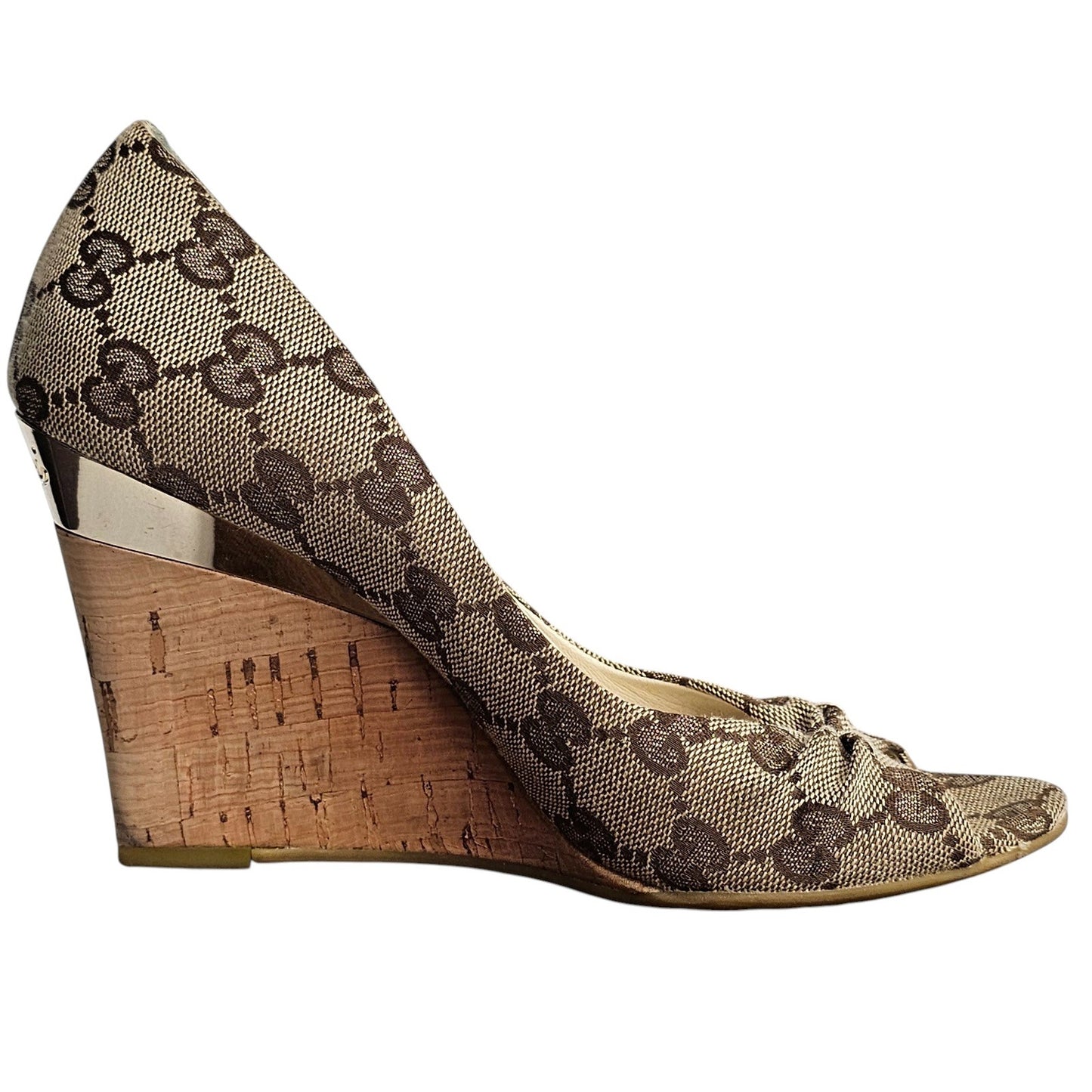 Gucci beige/ebony GG canvas peep-toe Cyprus cork wedge  Size 5B