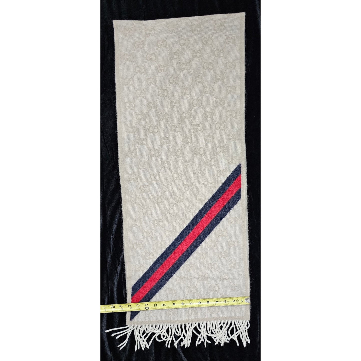 Gucci Muffler Stole Wool GG Pattern Fringe -White/Cream