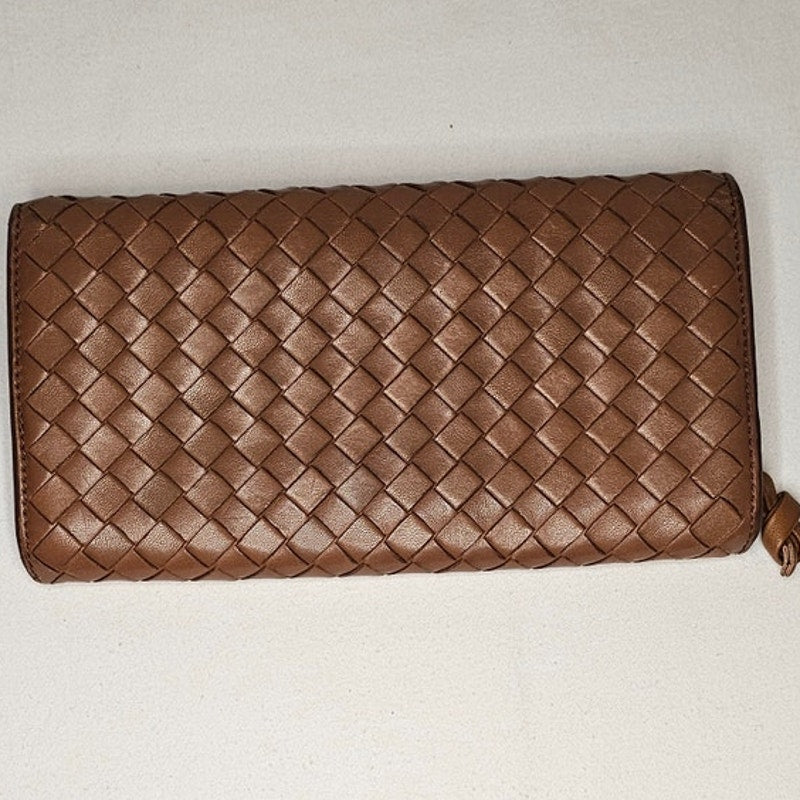 Bottega Veneta Intrecciato woven tan leather continental flap wallet