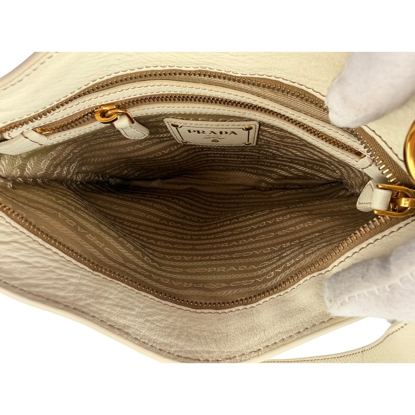 PRADA Canapa Leather Jacquard Crossbody Bag Beige White