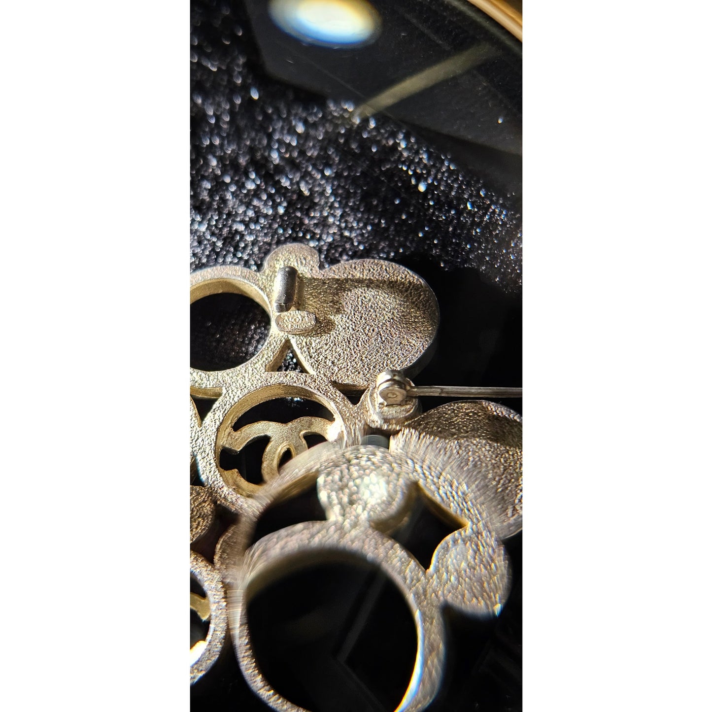 Vintage Chanel Metal Brooch with White Enamel CC Logos and Circular Detail