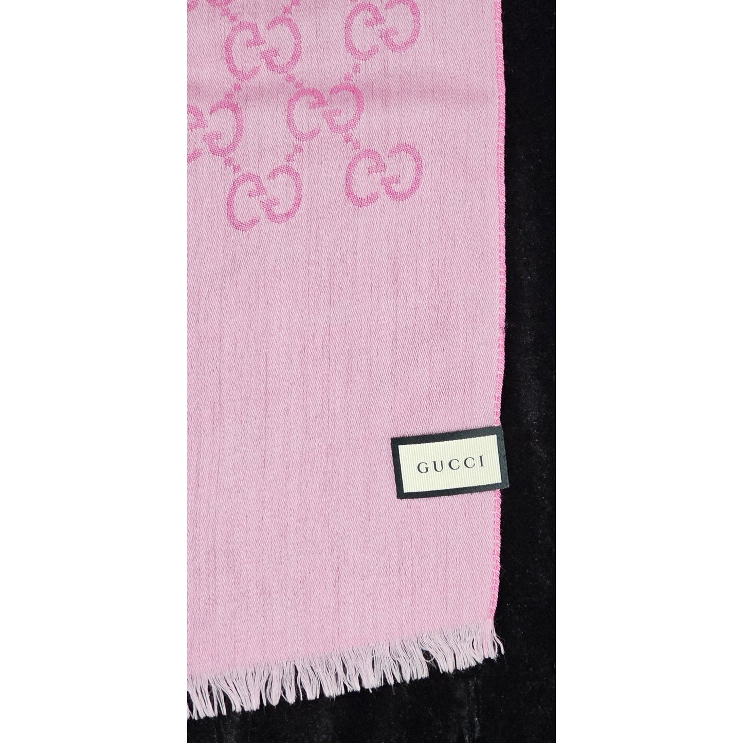 GUCCI Pink Jacquard Logo GG Wool Silk Scarf