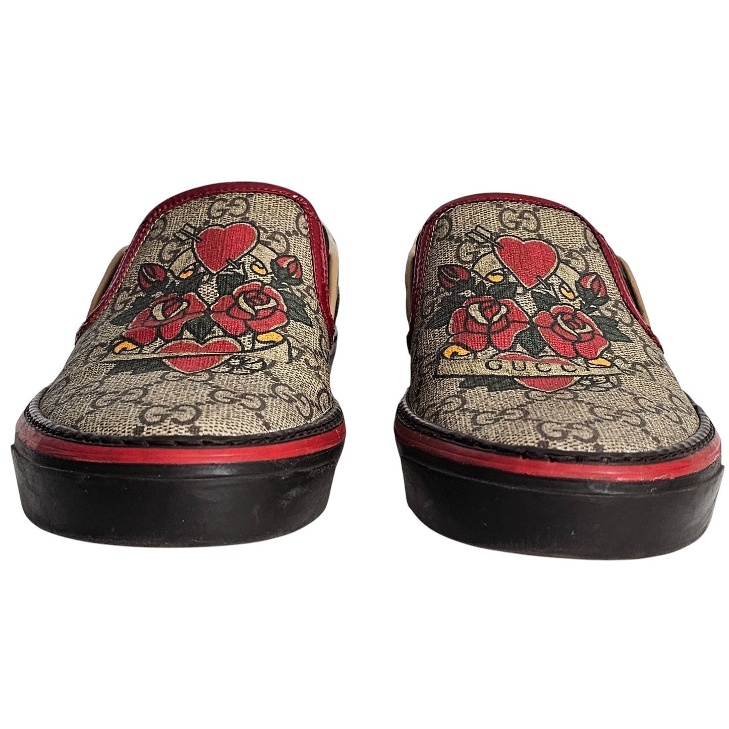 Gucci GG Supreme coated canvas slip-on loafers with heart and rose appliqués Sz 36C