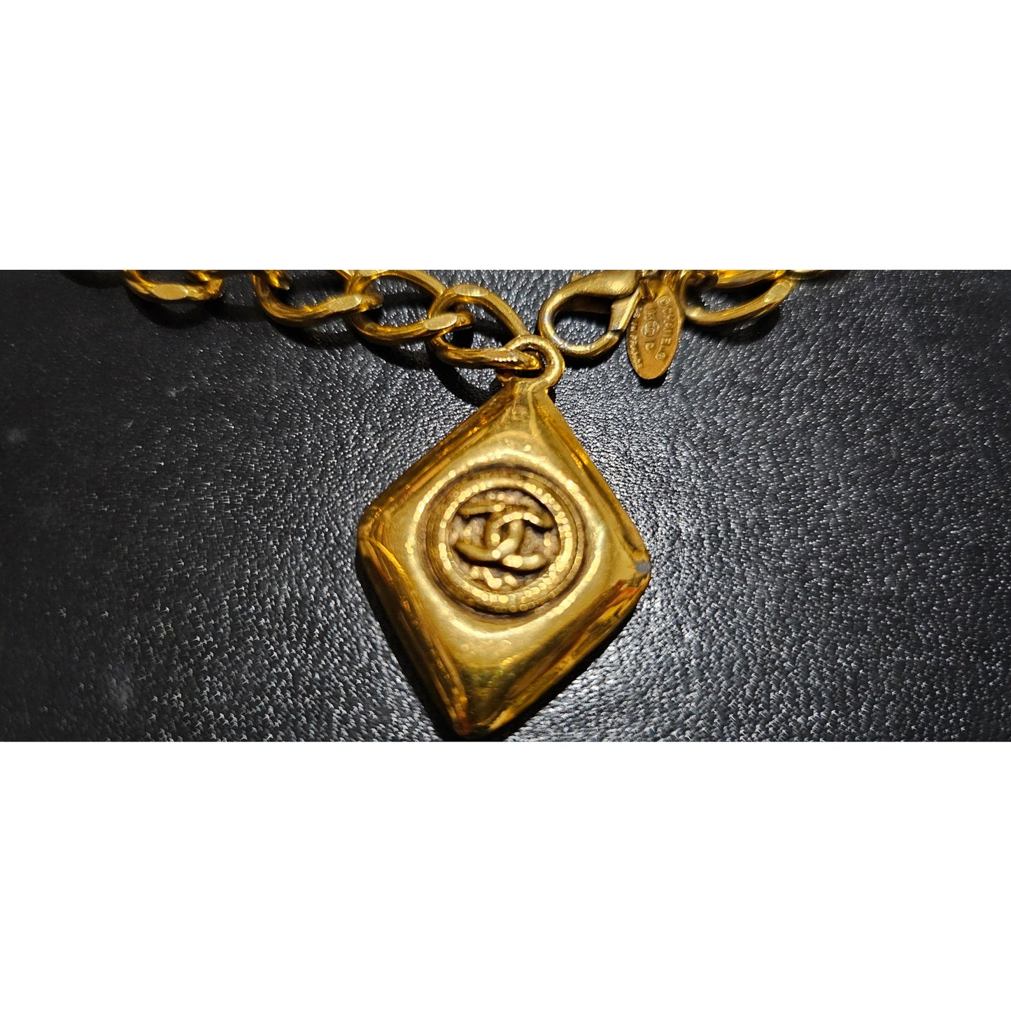 CHANEL CC Vintage 24K Necklace Rhombus Logo Gold 93P
