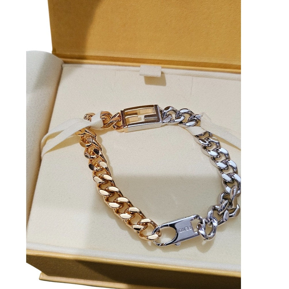 Fendi TIMELESS Baguette Palladium and Gold Colored Bracelet