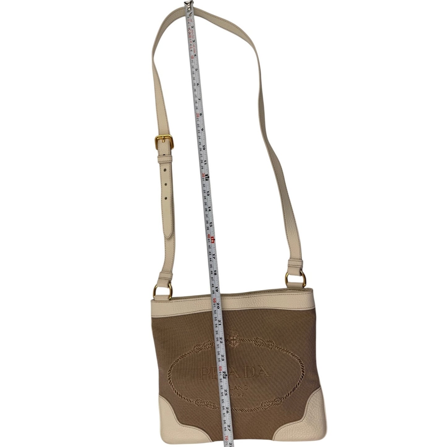 PRADA Canapa Leather Jacquard Crossbody Bag Beige White