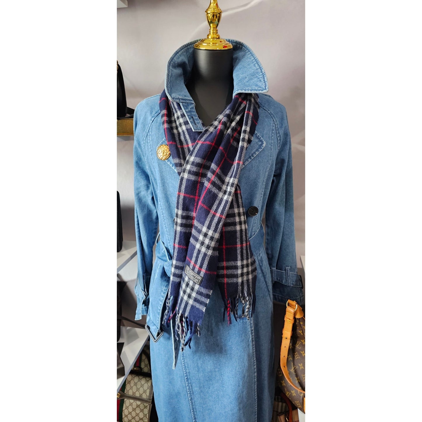 BURBERRYs of London 100% Lambswool Blue Scarf Shawl Nova Check Vintage Made In England