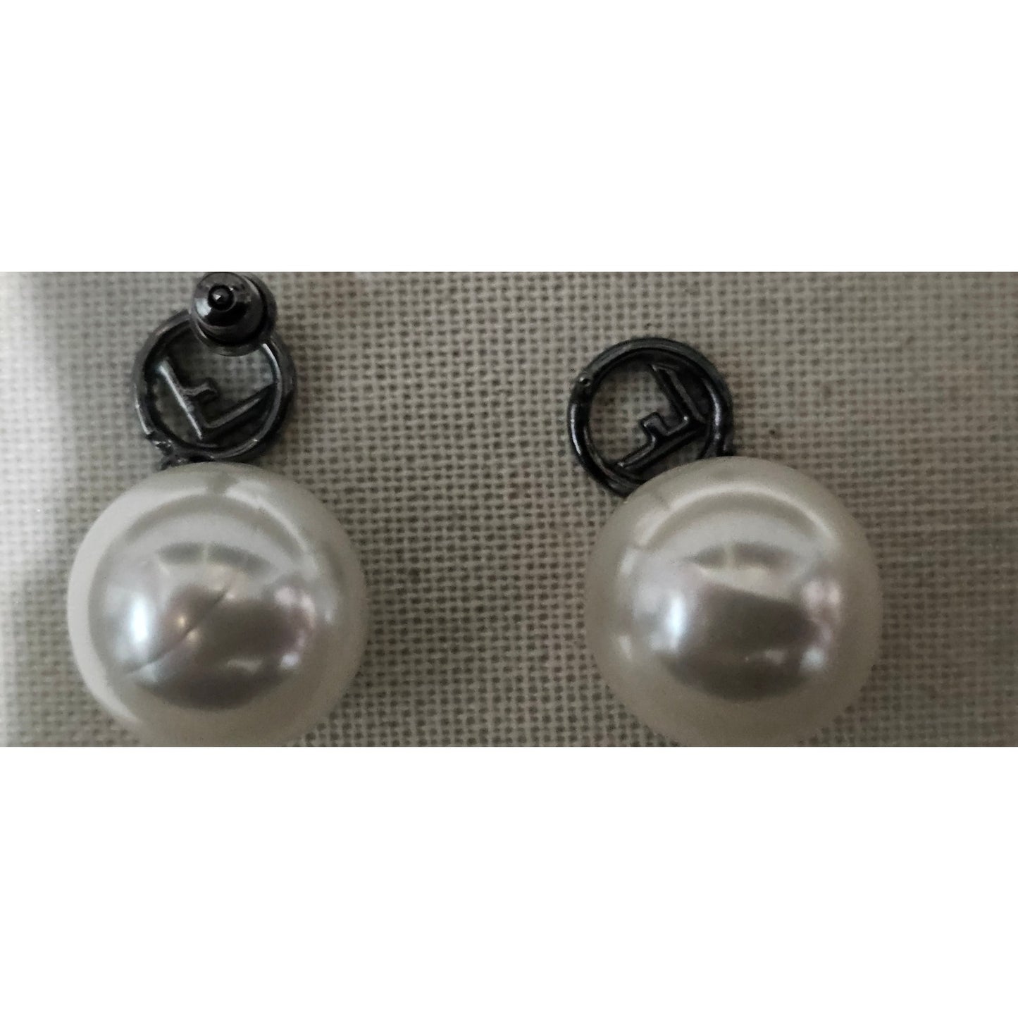 Fendi Gun Metal Rhinestone Pearl Logo Earrings