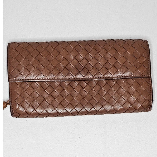 Bottega Veneta Intrecciato woven tan leather continental flap wallet