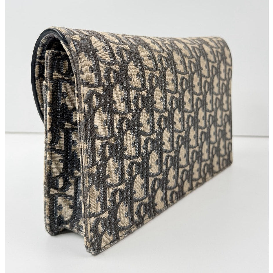 Christian Dior Medium Saddle Pouch with Chain in Blue Dior Oblique Jacquard