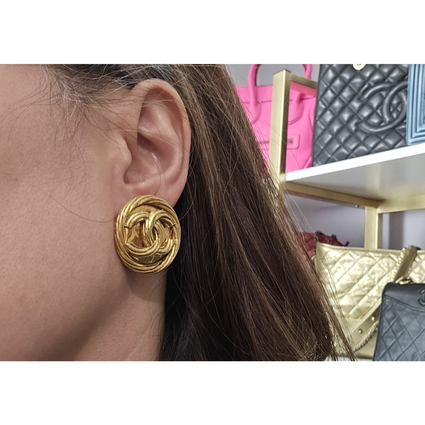CHANEL CC Spring 1993 Gold Plated CC Rope Bezel Detail Clip On Earrings