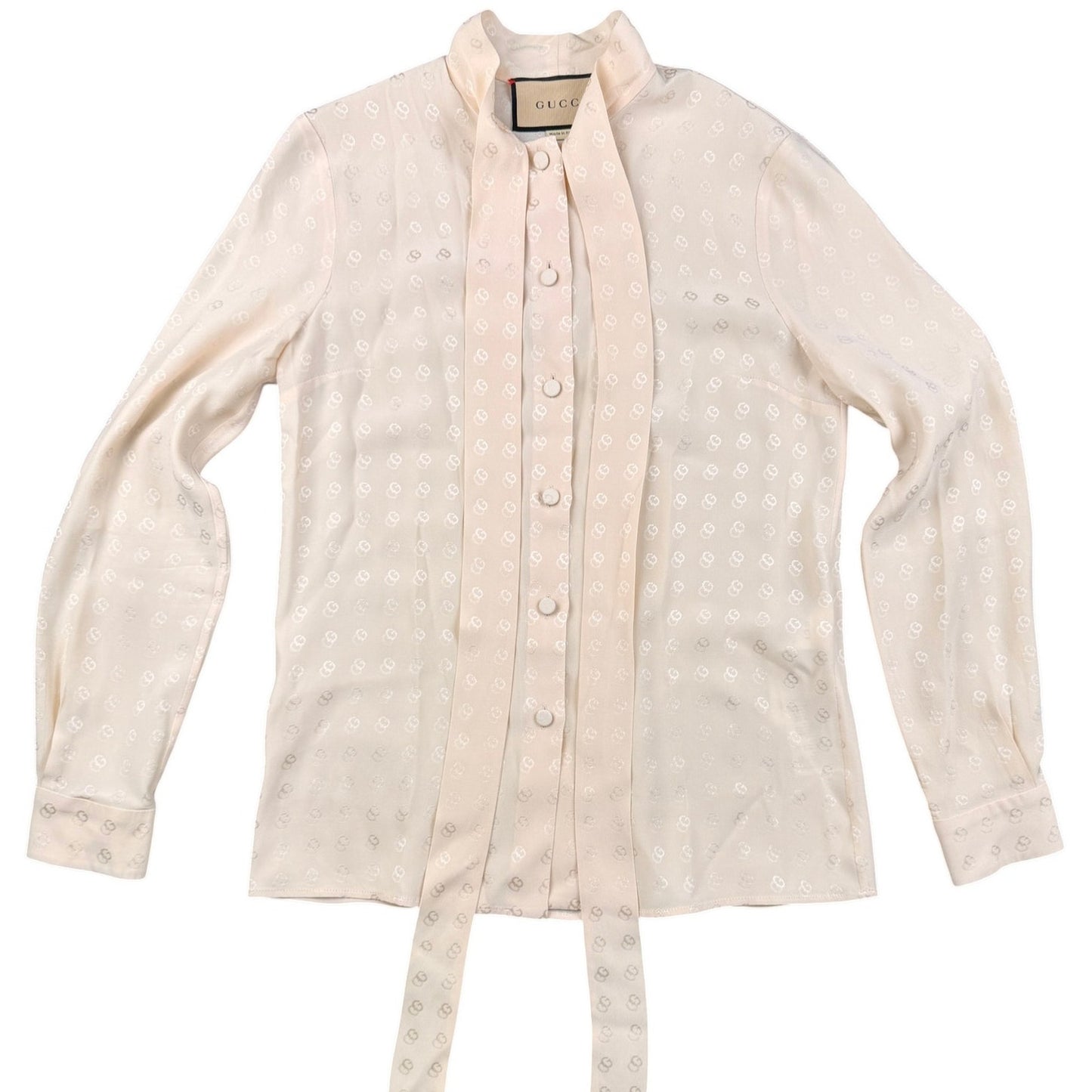 Gucci light beige/Ecru GG silk jacquard blouse with a self-tie neck bow Sz 36
