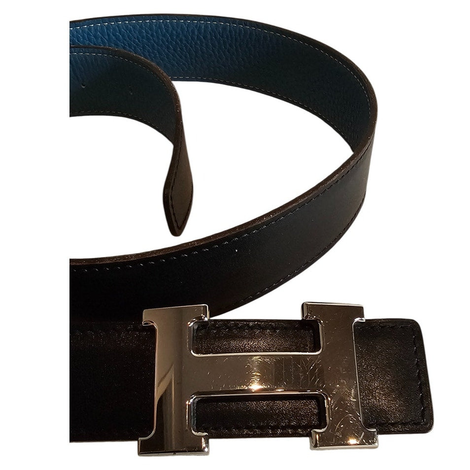 Hermès H-belt reversible black and blue jean Togo box calf leather strap