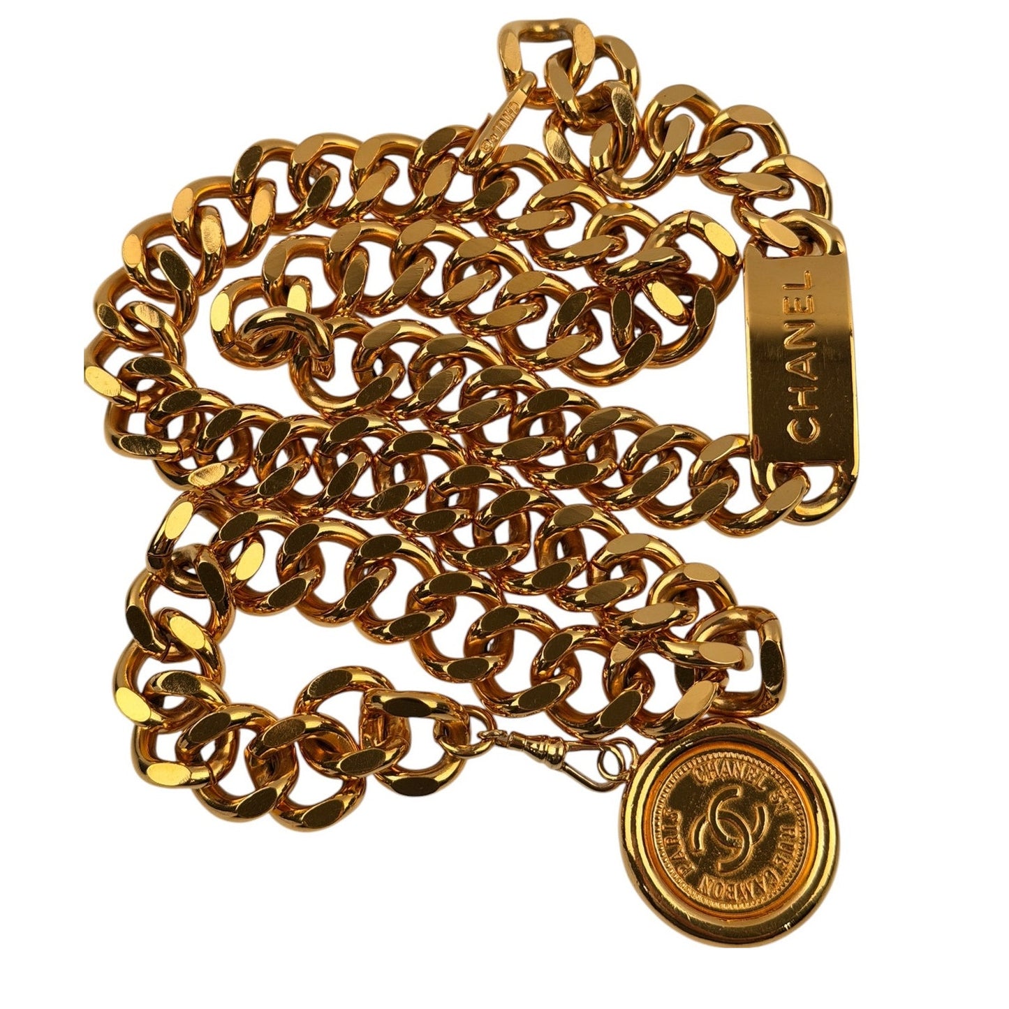 CHANEL Logo ID 24K Gold Plated Chain Belt Necklace Vintage
