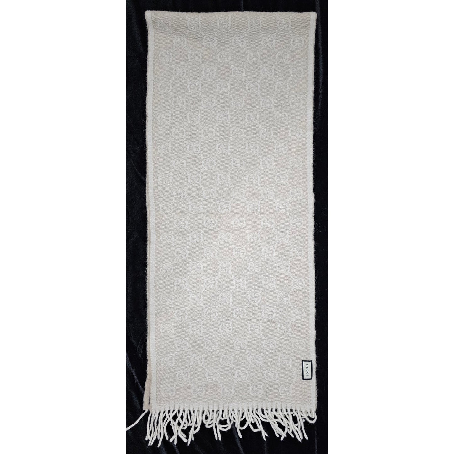 Gucci Muffler Stole Wool GG Pattern Fringe -White/Cream