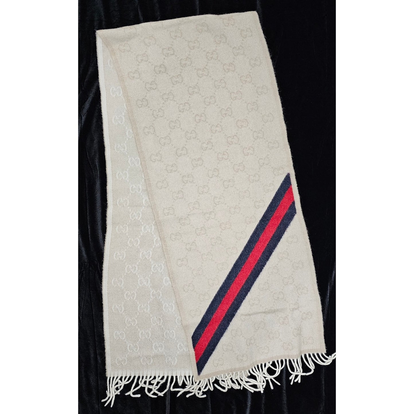 Gucci Muffler Stole Wool GG Pattern Fringe -White/Cream