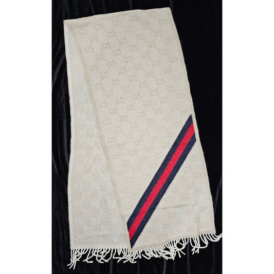 Gucci Muffler Stole Wool GG Pattern Fringe -White/Cream