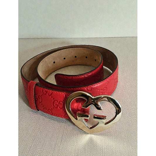Gucci Red Guccissima Leather Heart Buckle Belt