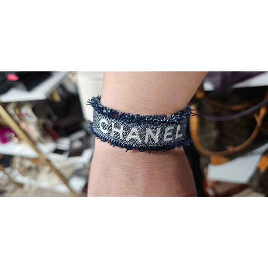 Vintage CHANEL Logo Letter Denim Bangle Bracelet Navy/Silver