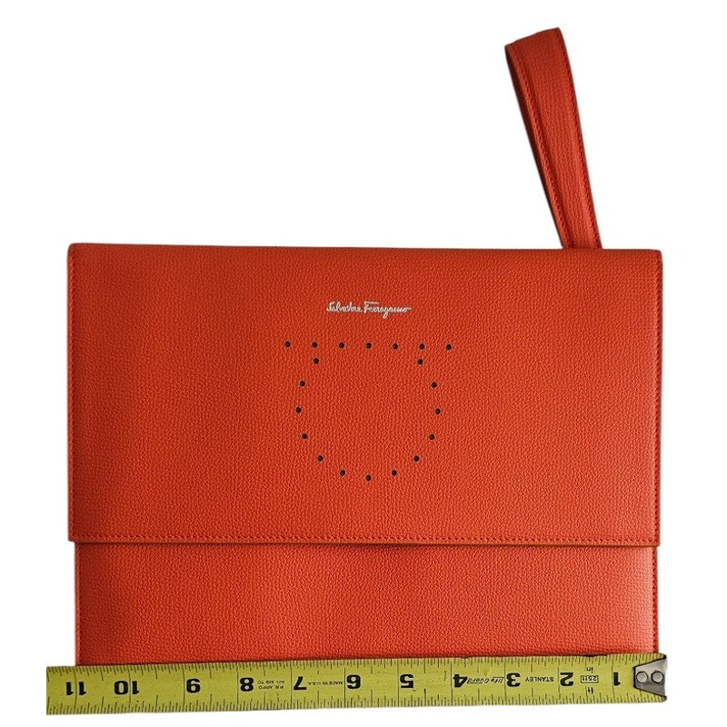 Salvatore Ferragamo Orange Pebbled Leather Clutch Bag