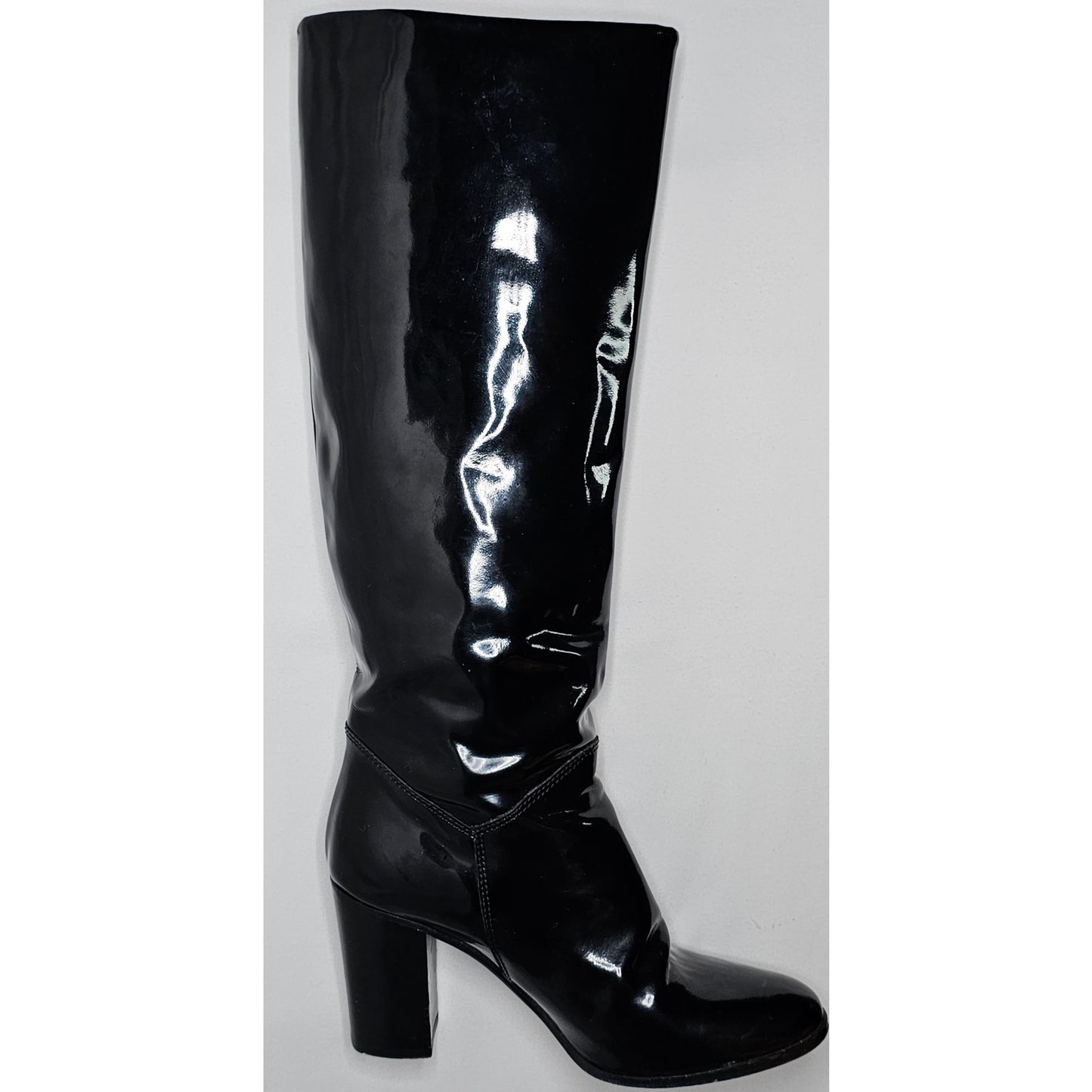 Chanel black patent leather boots with a chunky heel and embroidered CC logo