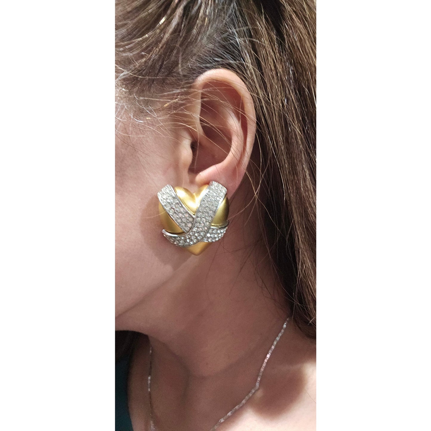 1980s Signed Givenchy Goldtone Pavé Clear Rhinestone X Heart Clip-on Earrings