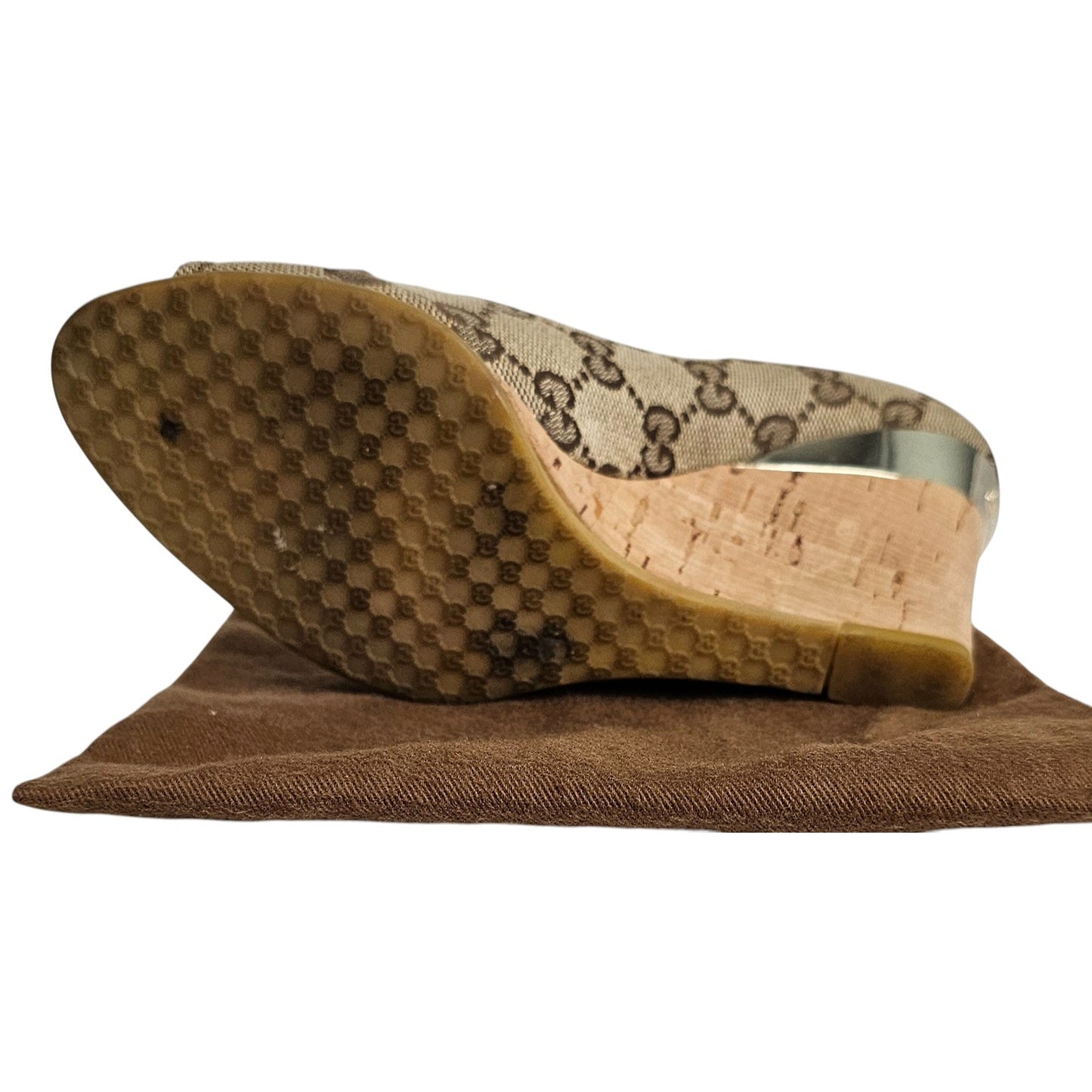 Gucci beige/ebony GG canvas peep-toe Cyprus cork wedge  Size 5B