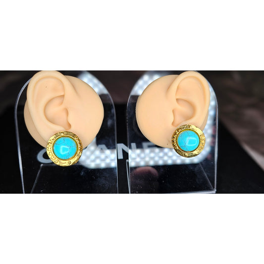 Chanel Collection 28 Turquoise Stone Gold Clip-On Earrings