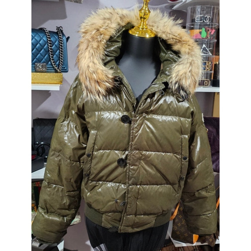 Moncler Down Hooded Jacket with Genuine Fur Olive Green