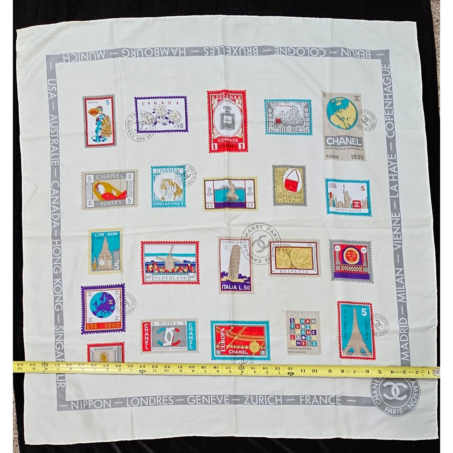 CHANEL "Stamps of the World" Silk Scarf