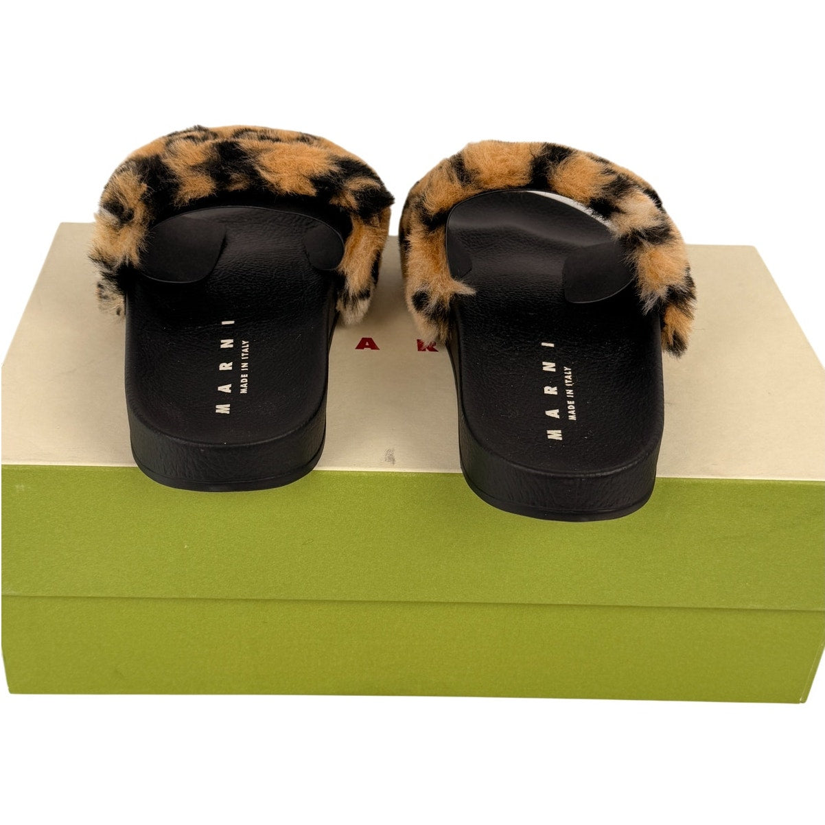 Marni Camel / Black Leopard Faux Fur Embroidered Logo Slide Sandals Brown Sz 36
