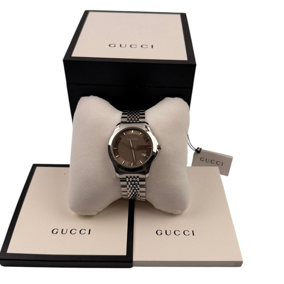 GUCCI G timeless 126.4 Date Gold Dial Silver Metal Band Men's watch Stainless Steel Water Resistant