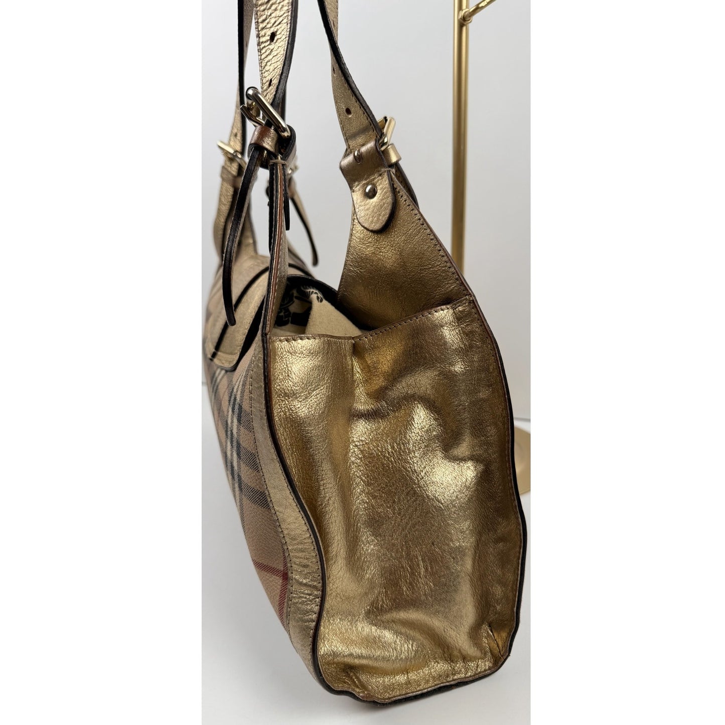 Burberry Burberry Haymarket Check Gold Coated Canvas Shoulder Bag