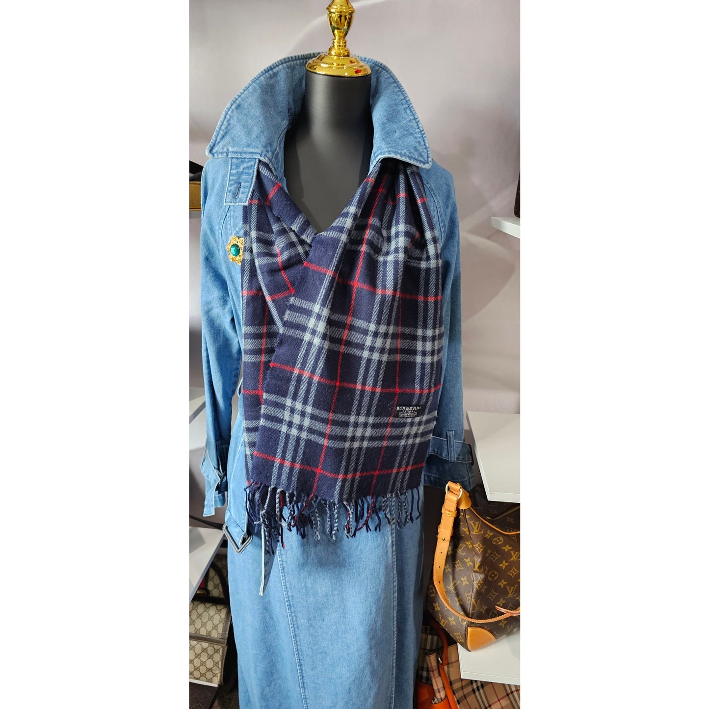 BURBERRYs of London 100% Lambswool Blue & Red Scarf Nova Check Vintage Made In England