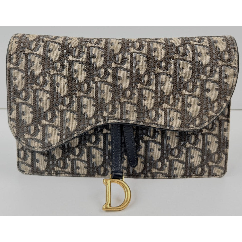 Christian Dior Medium Saddle Pouch with Chain in Blue Dior Oblique Jacquard