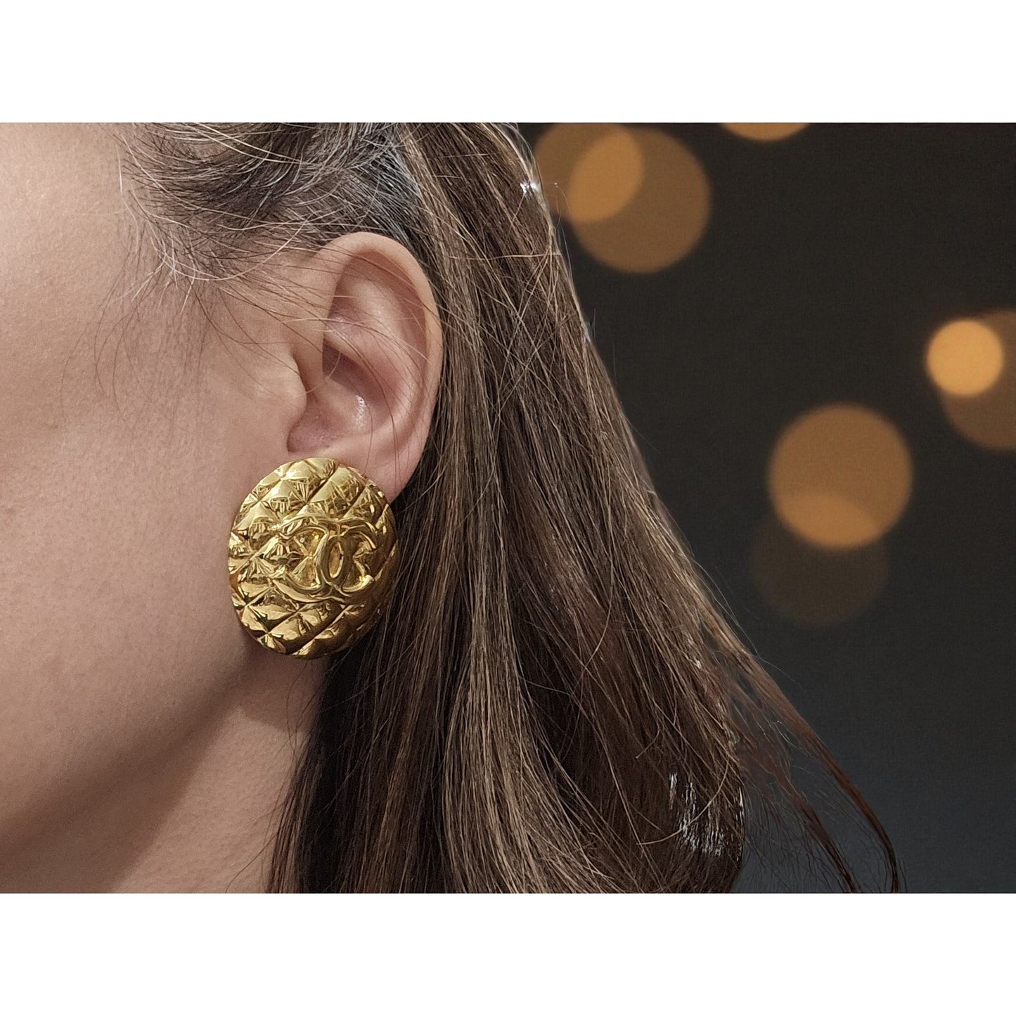 CHANEL Vintage Round Matrasse Coco Large Earrings Gold Quilted