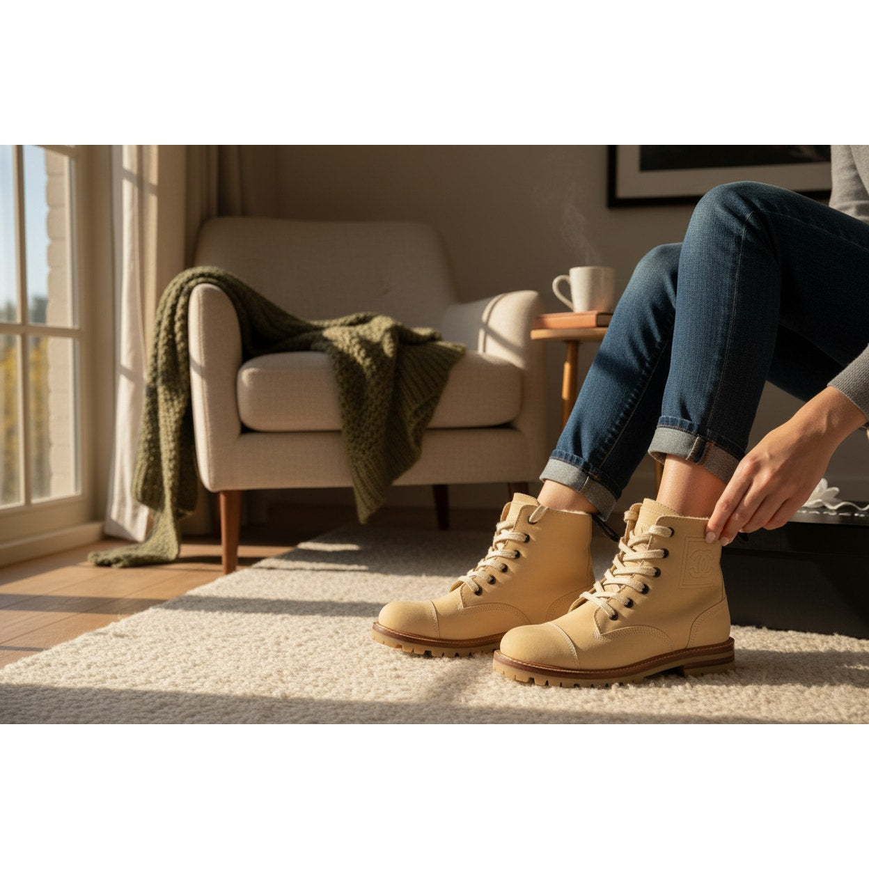 Chanel lace-up ankle boots Beige Sz 36