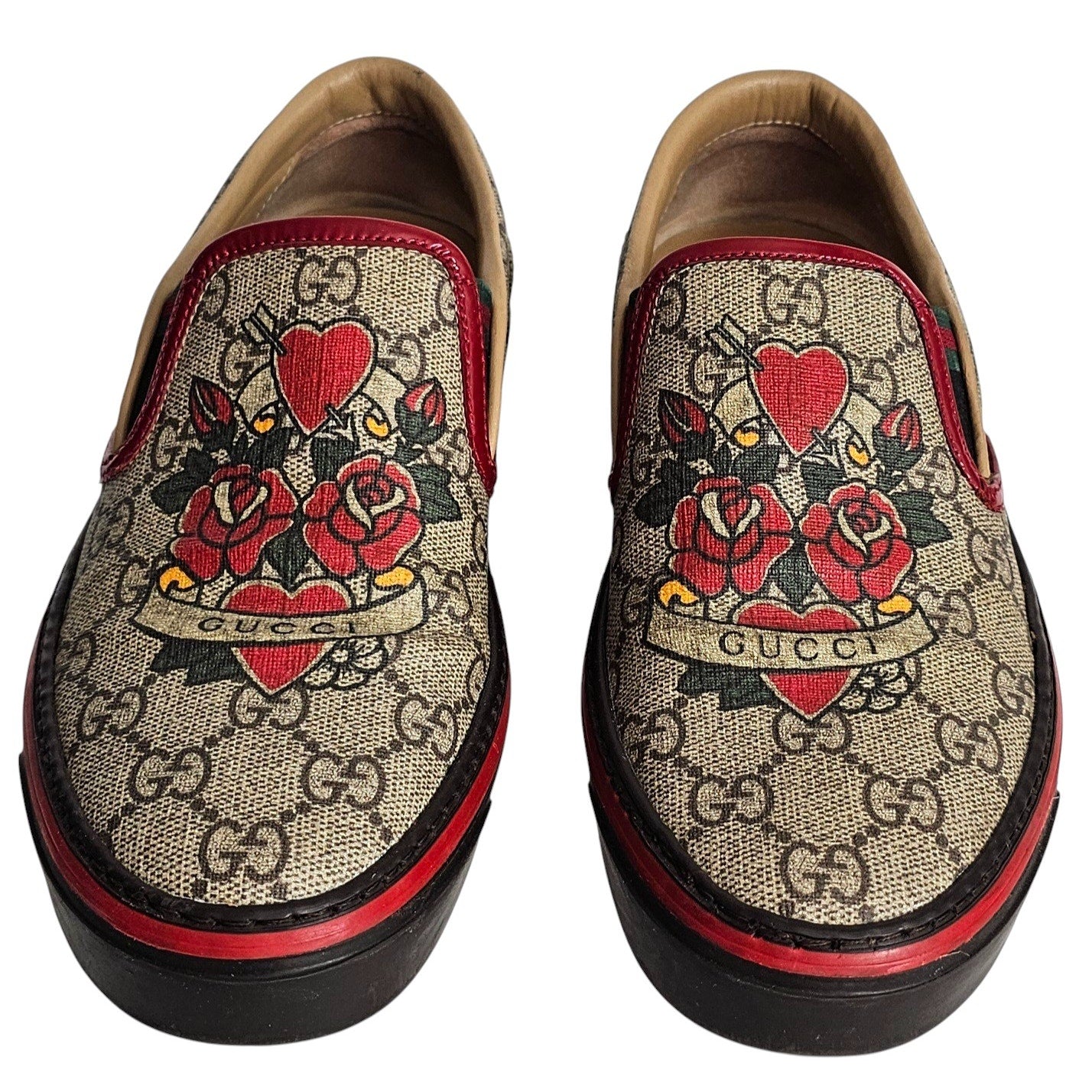 Gucci GG Supreme coated canvas slip-on loafers with heart and rose appliqués Sz 36C