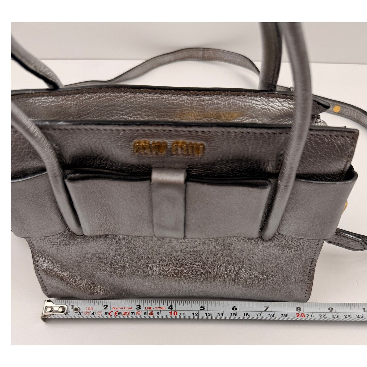 Miu Miu Silver Small Madras Bow-Embellished Tote