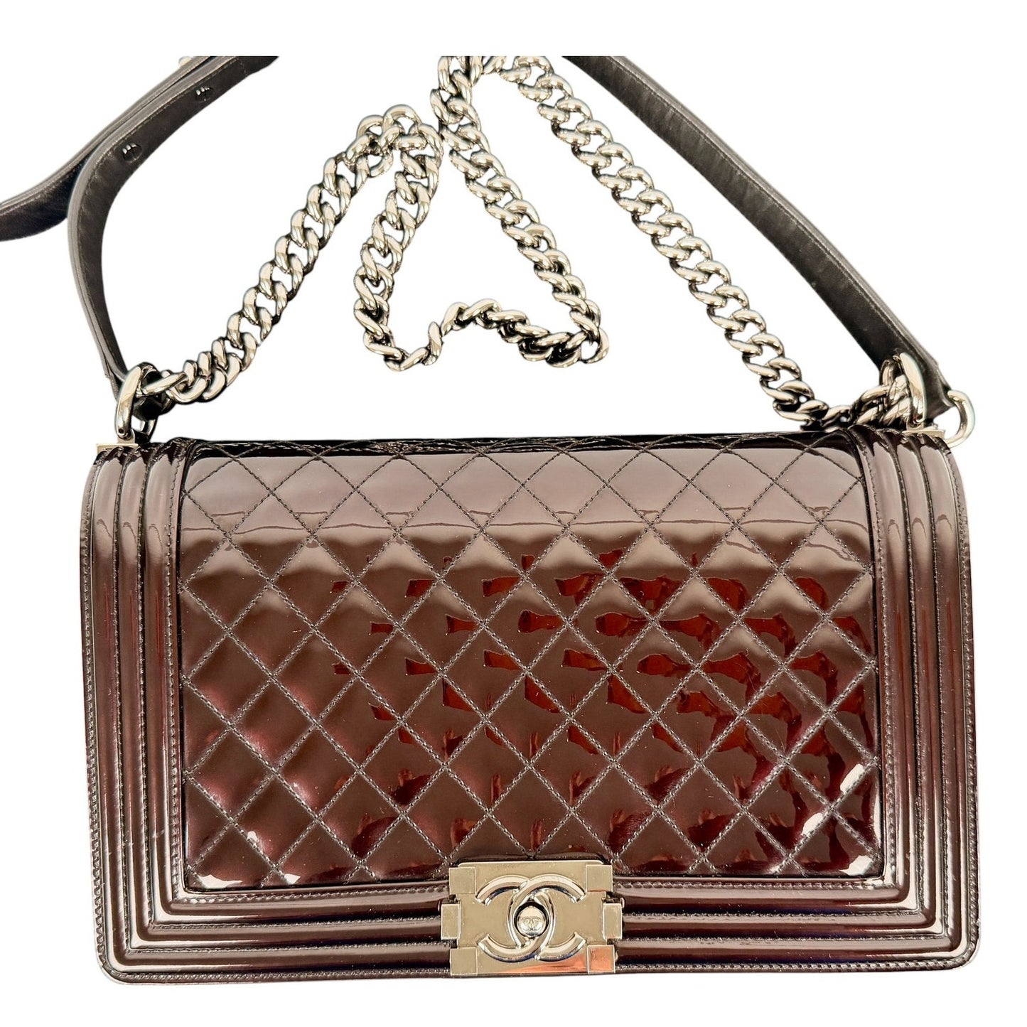 Chanel Boy New Medium Flap Bag in a Brown Patent Leather with Silver-Tone Hardware