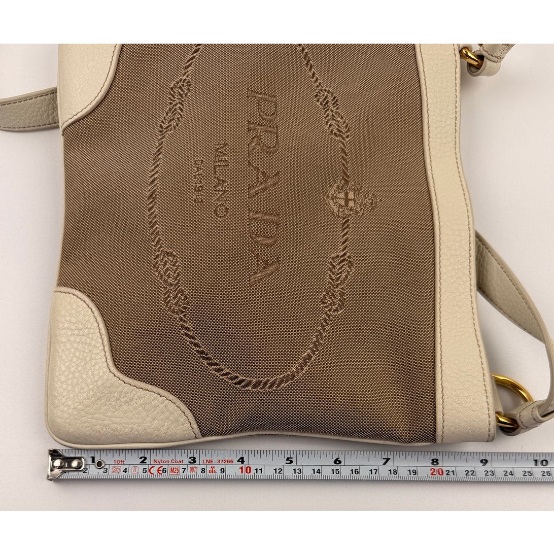 PRADA Canapa Leather Jacquard Crossbody Bag Beige White