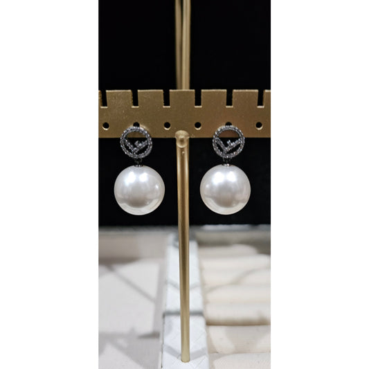 Fendi Gun Metal Rhinestone Pearl Logo Earrings