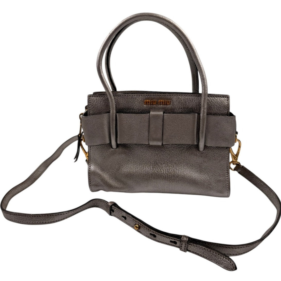 Miu Miu Silver Small Madras Bow-Embellished Tote