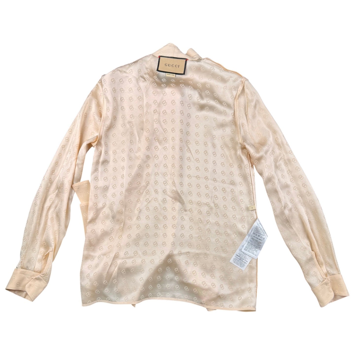 Gucci light beige/Ecru GG silk jacquard blouse with a self-tie neck bow Sz 36