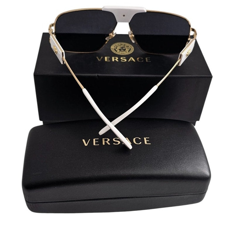 Versace men's VE2251 navigator/pilot sunglasses in a gold-tone steel frame with a white brow bar and dark grey lenses
