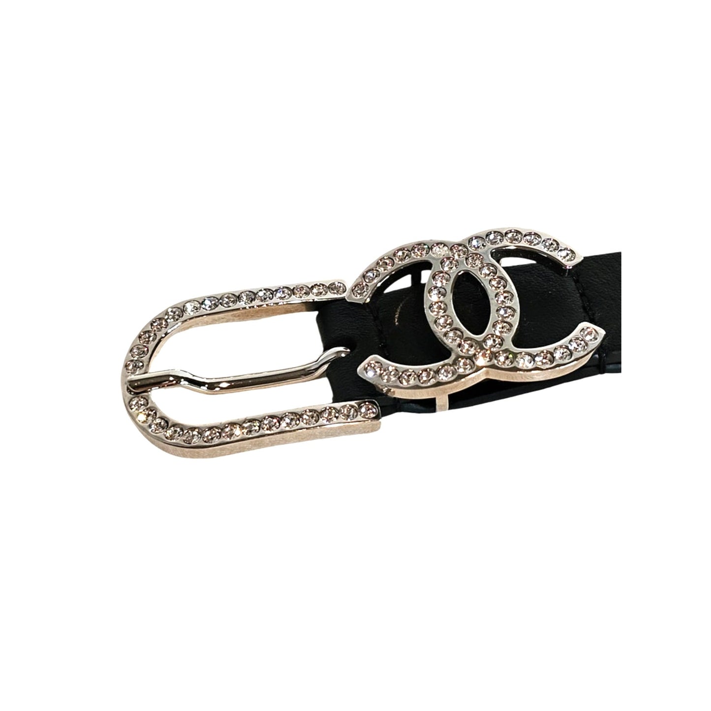 Chanel Black Leather CC Crystals Buckle Belt